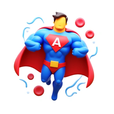 An antibody shaped like a superhero with a strong muscular build, wearing a bright red and blue costume. It has a large "A" emblem on its chest to signify its role. The superhero is soaring through a vibrant bloodstream, with red and white blood cells visible in the background. There are streams of plasma flowing around, and the superhero has a determined expression, showcasing its heroic mission to protect the body.