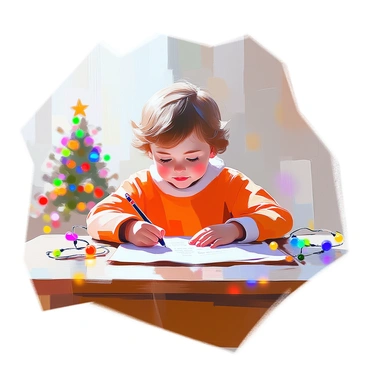 A child with curly hair and bright eyes is sitting at a wooden desk, intently focused on writing a letter to "Santa Claus." The desk is cluttered with colorful Christmas lights, some of which are tangled and others that are glowing warmly. The child is using a red and green pencil, and there are sheets of festive paper scattered around. In the background, faint silhouettes of Christmas decorations can be seen, contributing to the holiday atmosphere. The scene captures a sense of excitement and anticipation.