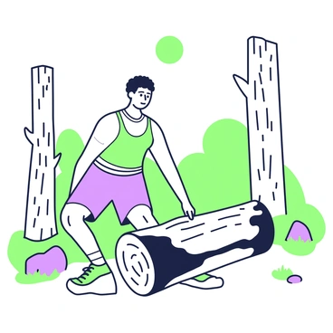 A fitness enthusiast is lifting a large log during a workout session in an outdoor setting. The individual has a determined expression and is wearing a fitted athletic shirt and shorts. The log is thick and textured, resting on the ground before being lifted. Surrounding the enthusiast are tall trees with visible bark and a bright sky above. In the background, there are patches of grass and a few stones scattered around. The outdoor environment emphasizes the natural aspect of the workout.