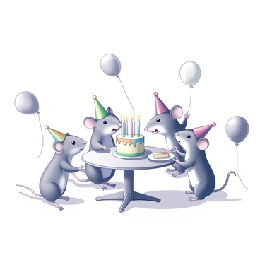A group of four mice is gathered around a small round table. They are wearing tiny party hats and are joyfully celebrating a birthday. The table is decorated with a colorful birthday cake, which has several small candles on top. Surrounding the cake are several balloons, some tied to the table legs and others floating above. One mouse is holding a balloon string, while another is reaching for a slice of cake on a plate. The atmosphere is lively, filled with excitement as they enjoy the celebration together.