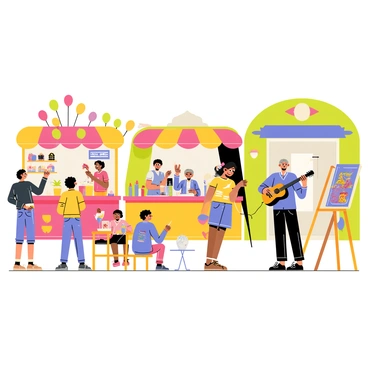 A vibrant street fair filled with people of various ages and backgrounds. A group of children is playing with colorful balloons in one corner, while a pair of elderly friends sit at a small table enjoying refreshing drinks. Stalls adorned with bright banners display a variety of goods, such as handmade crafts and delicious snacks. An artist is painting a lively mural on a nearby wall, capturing the atmosphere of joy. In the background, a musician plays cheerful tunes on a guitar, adding to the festive ambiance.