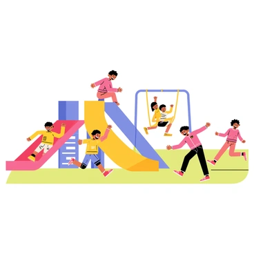 A group of children playing in a playground. There are five children, two boys and three girls, laughing and running around. One girl is sliding down a bright red slide, while another boy is climbing up a blue climbing frame. A third child is swinging on a yellow swing, and the remaining two children are playing tag in a grassy area nearby. The playground is filled with colorful equipment, and the sky is clear blue. The children are dressed in vibrant clothing, adding to the lively atmosphere.