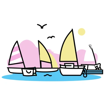 A harbor with several boats gently swaying on the water. The boats are simple in design, with some featuring striped sails and others with solid colors. The water is calm, reflecting the colors of the sky. The sky is filled with soft pastel shades of pink, blue, and orange, suggesting sunrise or sunset. There are a few seagulls flying above, and some fishing nets are visible on the dock beside the boats.