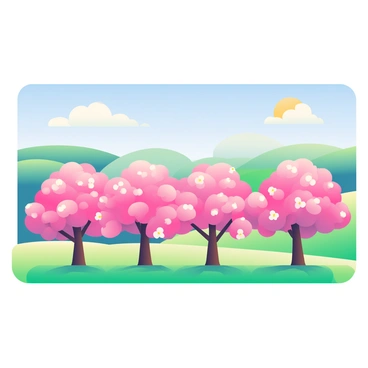 A row of trees with vibrant pink blossoms is prominently displayed in the foreground. Each tree is laden with clusters of delicate flowers, creating a canopy of color. The sunlight filters through the blossoms, casting soft shadows on the green grass below. In the background, rolling hills are visible, painted in lush shades of green, while a clear blue sky stretches overhead, signaling a warm front. A few fluffy white clouds drift lazily across the sky, completing the invigorating atmosphere of the landscape.