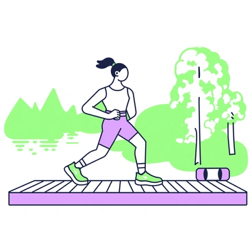 A lone athlete is performing lunges on a wooden dock extending over a serene lake. The athlete is wearing a fitted athletic outfit, consisting of a sleeveless top and shorts, along with running shoes. The dock is composed of wooden planks with visible grain and texture. In the background, there are gently rippling waters reflecting the surrounding nature. A few tall trees are visible along the shore, their leaves swaying slightly in a light breeze. The athlete maintains a focused expression while executing each lunge, displaying strength and determination.