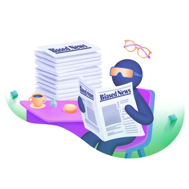 A modern pastel illustration featuring a figure wearing blinders, seated at a small table. The figure is engrossed in reading a stack of newspapers, each displaying the words "Biased News" in bold letters. The newspapers are piled high, and some are flapping slightly as if caught in a light breeze. Around the table, there are small scattered items such as a coffee cup and a pair of thick glasses. The background shows a subtle gradient of pastel colors, adding depth to the scene.