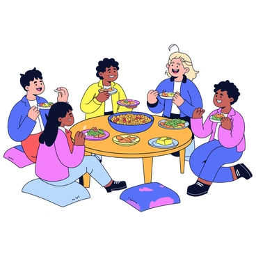 A cozy home party scene with a group of friends sitting around a low table. On the table, there is a large serving bowl filled with fragrant biryani, garnished with fresh herbs. Several colorful plates are placed around the bowl, each filled with portions of biryani. Friends are animatedly chatting and laughing, some holding their plates and others serving food. The atmosphere is warm, with soft lighting illuminating the room and decorative cushions scattered around the seating area.
