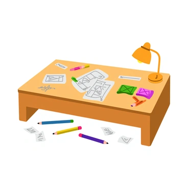 A wooden desk with a smooth surface, covered in a variety of conceptual sketches of a new product idea. The sketches display different angles and designs, filled with annotations and notes. Scattered across the desk are several sharpened pencils with colorful erasers, some lying flat while others are standing upright. There are also crumpled pieces of paper nearby, showing discarded ideas. A small lamp emits a warm light, illuminating the sketches and casting soft shadows on the desk.