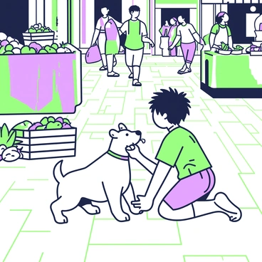 A street urchin with tousled hair is kneeling on a cobblestone street, feeding a friendly stray dog with scraps of food. The child is wearing a tattered shirt and shorts, with bare feet touching the ground. The dog, with its wagging tail and an eager expression, sits attentively in front of the child, looking up at him. Around them, there are market stalls displaying various goods, with colorful fabric draped over the counters. A few shoppers can be seen in the background, some carrying bags filled with produce. A wooden crate lies nearby, partially filled with fruits and vegetables. The sunlight casts gentle shadows on the ground, enhancing the warmth of the scene.