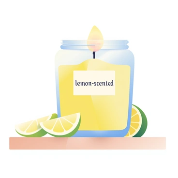 A lit candle is placed inside a clear glass jar labeled "lemon-scented." The candle flame is glowing gently, casting a warm light around. The jar is filled with a smooth, bright yellow wax that is slightly visible through the glass. Surrounding the jar, there are a few fresh lemon slices arranged neatly, emphasizing the lemon theme. The surface beneath the jar is a simple wooden table, showing a natural grain pattern. The background is softly blurred, drawing attention to the candle and its inviting glow.