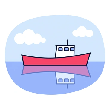 A fishing barge with a bright red hull and a white cabin is gently floating on a calm sea. The water's surface is smooth and glass-like, creating a perfect reflection of the barge. The sky above is clear with a few fluffy white clouds. Light blue waves ripple softly around the barge, enhancing the tranquil atmosphere.