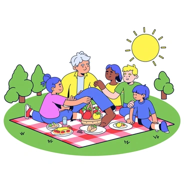 A family of four is sitting on a red and white checkered blanket laid out on green grass. The parents are smiling at each other while the two children, a boy and a girl, are excitedly reaching for a basket filled with fruits. There are plates with sandwiches, a bowl of salad, and a pitcher of lemonade on the blanket. The sun is shining brightly, and a few trees can be seen in the background, casting light shadows on the ground.