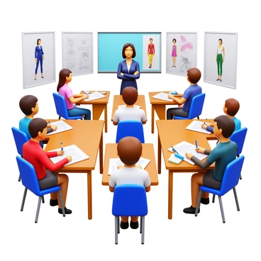 A classroom scene with students seated at desks, each working on fashion illustration sketches. The students are diverse in appearance, showcasing various styles of clothing. They have sketchbooks, pencils, and colored markers spread out in front of them. Some students are focused on drawing figures in dynamic poses, while others are adding color to their designs. A teacher stands at the front of the classroom, providing guidance and feedback. The walls are adorned with fashion illustrations and mood boards for inspiration.