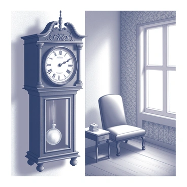 An antique pendulum clock made of dark wood is hanging on a wall. The clock features ornate carvings and a glass front that showcases the intricate mechanism inside. The pendulum swings gently beneath the clock face, which displays Roman numerals. The vintage room is decorated with patterned wallpaper and has a wooden floor. Soft light filters through a window, casting shadows that enhance the clock's presence. In the background, a cozy armchair and a small side table with a few vintage books are visible.