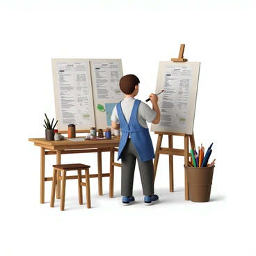 An artist with short brown hair and wearing a blue apron stands at an easel in a well-lit studio. The easel holds a large sheet of paper that features a detailed illustration of a utility bill. The artist is focused and uses a pencil to add intricate details to the bill, emphasizing the text and numbers. Surrounding the artist are various art supplies including colored pencils, brushes, and jars of paint, placed neatly on a table nearby. The studio walls are adorned with other sketches and paintings, creating a creative atmosphere.