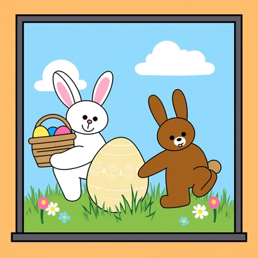 A shop window display showcasing a festive Easter scene. In the center, there are two cartoon-like bunnies, one white and one brown, both with large, expressive eyes and cheerful smiles. The white bunny is holding a colorful basket filled with vibrant Easter eggs in shades of pink, blue, and yellow. The brown bunny is playfully hopping next to a large, decorated egg that has intricate patterns. Surrounding the bunnies, there are green grass tufts and scattered flowers, including daisies and tulips, adding a splash of color to the scene. The backdrop of the window features a bright blue sky with fluffy clouds, complementing the playful atmosphere of the display.
