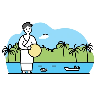 A musician, dressed in traditional white attire, is playing a "chenda," a cylindrical drum, with both hands. The musician is standing on a flat surface that contrasts against a lush green landscape filled with palm trees and a clear blue sky. In the background, a serene river reflects the sunlight, while a few small boats float gently on the water. The scene captures the essence of Kerala's rich cultural heritage amidst its natural beauty.