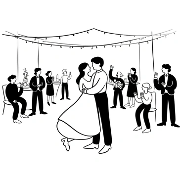 A newlywed couple standing in the center of a spacious ballroom, holding each other closely during their first dance. The bride is wearing a flowing wedding gown, and the groom is dressed in a classic tuxedo. Around them, a group of loved ones is gathered, watching with joy, some clapping and others taking photographs. Elegant decorations such as floral arrangements and candles are placed on tables in the background, enhancing the atmosphere of celebration. Strings of lights hang above, adding a festive touch to the scene.
