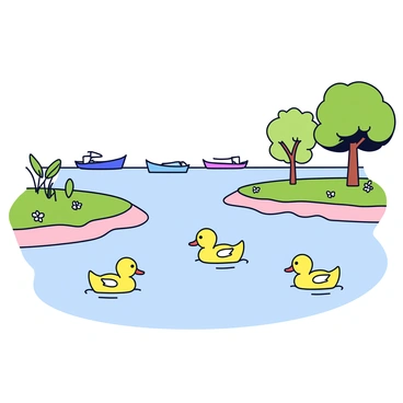 A riverbank with a smooth, grassy shoreline. Several ducks are swimming in the clear water, their feathers shimmering in the sunlight. In the background, boats of different sizes are gently gliding along the river. The scene captures a relaxed atmosphere, with small wildflowers scattered along the riverbank. A few trees with green leaves provide shade nearby, enhancing the peaceful setting.