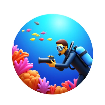 A diver wearing a wetsuit and a scuba tank is underwater, photographing a vibrant coral reef. The coral is in various shapes and colors, including pink, orange, and purple. A school of tropical fish in bright colors, such as yellow, blue, and red, swims around the diver. Sunlight filters down through the water, illuminating the scene and highlighting the textures of the coral. The diver holds a waterproof camera, focused on capturing the beauty of the marine life.