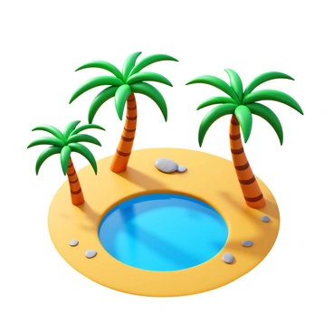 A desert oasis featuring a "sparkling blue pool" at its center. The pool is surrounded by several "tall palm trees" with vibrant green fronds. The sandy ground around the pool has a few "smooth stones" scattered about. Sunlight casts "soft shadows" from the trees onto the sand. A clear blue sky overhead completes the tranquil scene.