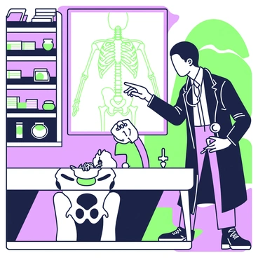 A 19th-century surgeon is standing in a dimly lit operating room. He is wearing a long, dark coat and a white shirt, with a stethoscope draped around his neck. The surgeon is attentively examining a human pelvis that is placed on a wooden table in front of him. He holds a set of surgical tools in his right hand, while his left hand delicately points toward the pelvis, indicating a specific area of focus. Shelves in the background are filled with jars containing various specimens and medical texts. A large framed anatomical chart hangs on the wall, illustrating the human skeletal system. The atmosphere is one of intense concentration and professionalism.