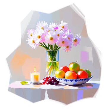 A classic still life composition featuring a cluster of vibrant allium flowers in a glass vase, standing tall in the center of the arrangement. Surrounding the vase, there is a decorative fruit bowl containing ripe apples, pears, and a few bunches of grapes. A lit candle sits to one side, casting a warm glow over the scene. The fruits and the flowers are arranged artfully on a textured surface that adds depth to the composition.