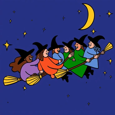 A group of witches with various skin tones flying on broomsticks across a dark blue starry night sky. Each witch is wearing a pointed black hat and colorful flowing robes. Some have long hair billowing behind them, while others have short hair or braids. The night sky is filled with twinkling stars and a crescent moon shining brightly. The witches are laughing and interacting with each other as they soar through the air, creating a sense of camaraderie and excitement.