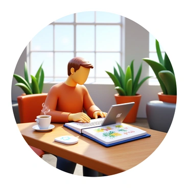 A freelancer sitting at a small wooden table in a chic London café. The table has a steaming cup of coffee next to a sleek laptop. A sketchbook lies open, displaying colorful illustrations. The café features modern decor with stylish lighting and potted plants in the background. The freelancer has short hair and wears a cozy sweater, focused on their work. Sunlight filters through the large windows, casting soft shadows on the table.
