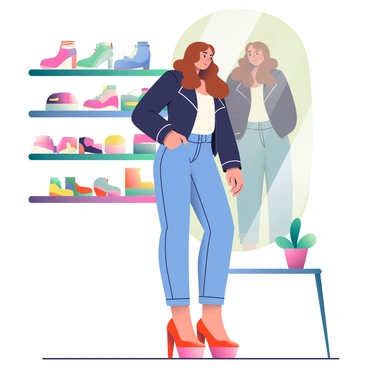 A fashionista with long, wavy brown hair is standing in a trendy shoe store, surrounded by a variety of stylish shoes on display. She is wearing a fashionable outfit consisting of a fitted black leather jacket, a white flowy blouse, and skinny jeans. On her feet, she is trying on a pair of high-heeled red shoes that sparkle under the store's lighting. In the background, there are shelves filled with colorful sneakers, elegant heels, and ankle boots. A large mirror reflects her image as she admires her look, and a small potted plant sits on a nearby table, adding a touch of greenery to the scene.