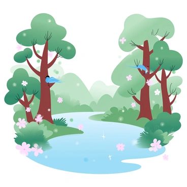 A gentle river is winding through a lush forest filled with vibrant greenery. The water is clear and reflects the surrounding landscape. Tall trees with thick trunks and abundant leaves rise on either side of the river. Colorful birds are perched on the branches, surrounded by delicate flowers blooming in various shades. Soft light filters through the foliage, creating a warm and inviting atmosphere.