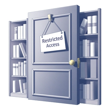 A large wooden library door stands firmly shut. The door features intricate carvings that depict books and scholarly motifs. A prominent "Restricted Access" sign hangs from a brass hook on the center of the door. The sign is clearly legible, with bold lettering that emphasizes the restriction. Surrounding the door, a polished brass handle glints in the light, while the floor in front of the door is lined with neatly arranged bookshelves, containing various titles that are partially visible.