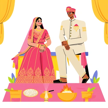 An Indian bride wearing a colorful red and gold lehenga adorned with intricate embroidery. She has a variety of gold jewelry, including bangles, earrings, and a maang tikka. The bride is seated on a beautifully decorated stage with vibrant flowers and fabric drapes. Beside her is the groom, dressed in a traditional cream-colored sherwani with embellished details. The couple is surrounded by ceremonial items, including a brass pot, a plate of rice, and a fire pit. The atmosphere is filled with rich colors and ornate decorations, emphasizing the cultural significance of the traditional ritual being performed.