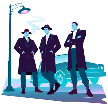 A group of three mafia members is standing on a foggy street, each wearing a classic black fedora and a long trench coat. The first member, a tall man with a chiseled jawline, has his hands in his pockets, exuding confidence. The second member, slightly shorter with a slicked-back hairstyle, leans against a lamppost, casually smoking a cigarette, with swirling smoke blending into the fog. The third member, a stocky individual with a stern expression, stands with his arms crossed, scanning the surroundings. Dim streetlights cast a soft glow on the wet pavement, reflecting the misty atmosphere. A vintage car is parked in the background, adding to the scene's gritty ambiance.