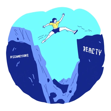 A person wearing a bright yellow athletic outfit is leaping over a wide gap between two steep cliffs. The cliff on the left is labeled "assumptions" in bold white letters, while the cliff on the right is labeled "reality" in bold white letters. Beneath the gap, there is a rocky valley filled with shadows, emphasizing the height of the cliffs. The sky above is a vibrant blue, creating a stark contrast with the cliffs and the person in motion. The individual has an expression of determination as they soar through the air, arms outstretched and legs bent for landing.