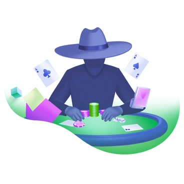 A scene featuring a player wearing a wide-brimmed hat, sitting at a poker table. The hat casts a shadow over the player's face, creating an air of mystery. The player displays an inscrutable poker face, showing no emotion. Surrounding the table are various poker chips and playing cards, adding to the intensity of the moment. The atmosphere conveys focus and tension, with soft lighting highlighting the player's silhouette against the background.