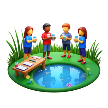 A group of students wearing casual outdoor clothing is collecting samples from a pond. The students are using clear jars and nets to gather water and small aquatic organisms. There are various tools and notebooks spread out on a nearby table for documentation. The pond is surrounded by lush greenery, with tall grasses and wildflowers along the edges. The sun is shining down, creating reflections on the water's surface. The students are engaged in conversation as they discuss their findings.