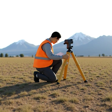 An engineer with short black hair, wearing a bright orange safety vest, stands in a vast open field. He is focused on surveying equipment, which includes a theodolite mounted on a sturdy tripod. The engineer is kneeling on one knee as he adjusts the equipment, while holding a clipboard with notes in his other hand. In the background, there are majestic mountains that rise sharply, their peaks capped with snow. The sky above is clear, and the sun casts distinct shadows across the field, highlighting the texture of the grass and soil beneath.