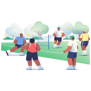 A group of four friends is playing pickleball on an outdoor court at a local park. Two friends, a man with light brown hair wearing a blue t-shirt and shorts, and a woman with curly black hair in a red tank top and black leggings, are positioned at the net, ready to intercept the ball. In the background, another man with sunglasses is serving the ball, wearing a green cap and a white athletic shirt. The fourth friend, dressed in a yellow t-shirt and navy shorts, is positioned at the back of the court, preparing to return the serve. The court is surrounded by green grass and trees, with a clear blue sky overhead, and a few park benches visible in the distance.