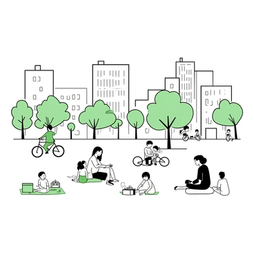 A park filled with green grass and scattered trees, situated in the middle of a city. Several families are enjoying their time, with parents sitting on picnic blankets. Children are playing with a frisbee and others are riding bicycles along the path. There are picnic baskets and colorful blankets spread out on the ground. A few people are sitting on benches, chatting and enjoying the sunny day. In the background, tall buildings are visible, framing the park and adding to the city atmosphere.