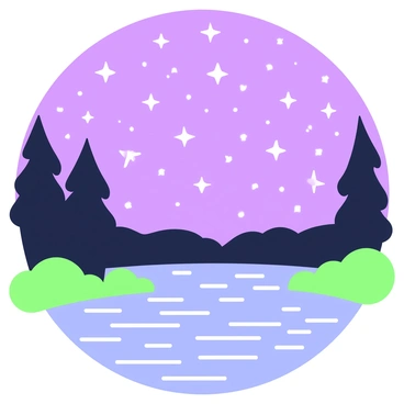 A serene night sky filled with sharp, twinkling stars above a calm lake.