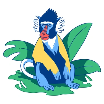 A duotone illustration features a mandrill with a striking blue face and vivid red markings around its muzzle. Its fur is a mix of yellow and blue shades, giving it a dynamic appearance. The mandrill is positioned sitting on a green patch of grass, surrounded by large green leaves in the background that enhance its vibrant colors. The mandrill's expressive eyes are focused forward, adding a sense of curiosity to the scene.