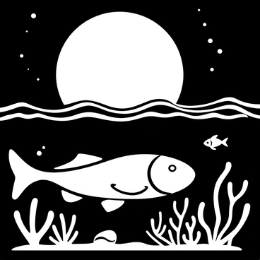 A halibut swimming gracefully beneath the water's surface, with rippling waves surrounding it. The moonlight casts a shimmering reflection on the water, creating an illuminated path. Silhouettes of seaweed sway gently in the current, while small fish can be seen swimming nearby. The scene captures the serene beauty of a moonlit night in an underwater environment.