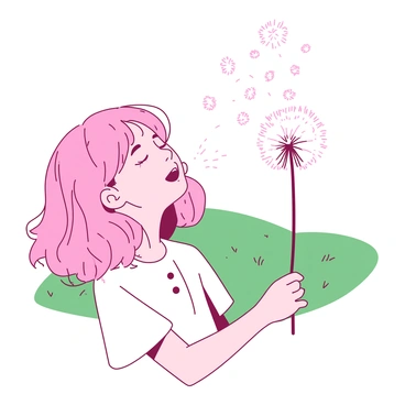 A pink-haired girl in a white dress is blowing on a dandelion, sending white seeds dispersing into the air. The seeds are glimmering as they float away, carried by a gentle breeze. The girl's eyes are closed, and a joyful smile is visible on her face as she watches the seeds drift like tiny wishes. In the background, there is a softly blurred green meadow, enhancing the sense of a tranquil outdoor setting.