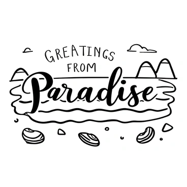 A travel postcard design featuring a beach scene with fine sand and gentle waves lapping at the shore. Scallop shells scattered along the sand, varying in size and shape, create a natural pattern. In the background, there are distant cliffs rising majestically above the shoreline. The sky overhead is clear with a few wispy clouds, creating a sense of openness. The words "Greetings from Paradise" are displayed prominently in an elegant font across the top of the postcard.