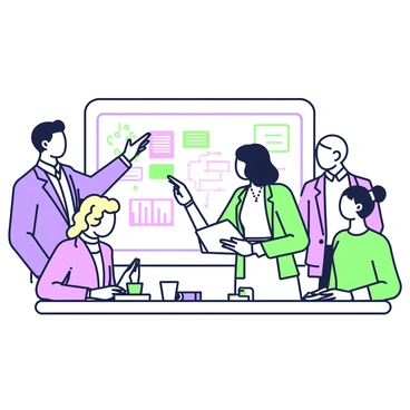 A diverse team of business professionals is gathered around a large whiteboard in a modern office space. There are four individuals: one man with short black hair, a woman with curly blonde hair, a woman with medium-length brown hair tied back, and a man with a shaved head. The first man is wearing a blue blazer and pointing at the whiteboard with a marker. The curly-haired woman is taking notes on a laptop, while the woman with the brown hair is writing on the whiteboard. The shaved-headed man is standing to the side, listening intently. The whiteboard is filled with colorful charts, diagrams, and bullet points. The atmosphere is focused and collaborative, with papers and coffee cups scattered on the table nearby.