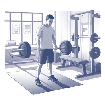 A person is lifting a heavy barbell in a modern gym environment. The individual, focused and determined, is standing on a rubber mat, using proper form while engaging their muscles. Surrounding them are various exercise machines and free weights neatly organized in racks. On the walls, there are "motivational posters" featuring inspiring quotes about strength and perseverance. The gym has large windows allowing natural light to illuminate the space, enhancing the atmosphere of energy and dedication.