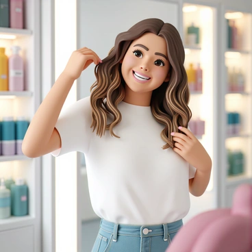 A happy customer, a young woman with long, wavy brown hair, is standing in front of a large salon mirror. She is wearing a white blouse and denim jeans. Her face is lit up with a wide smile as she gently touches her freshly styled hair, admiring the soft curls and highlights. The salon has modern décor with bright lighting and stylish furniture. Various hair products are neatly displayed on shelves in the background, adding to the vibrant atmosphere.