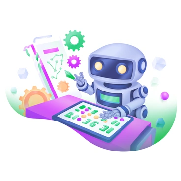 A modern pastel illustration featuring a cute robot with a rectangular screen for a face, displaying various cheerful expressions. The robot is sitting on a desk, focused intently on a digital pad in front of it, where numbers are being calculated. Surrounding the robot are colorful gears and circuit patterns, adding a playful technological theme to the scene. The background includes soft geometric shapes in pastel tones, enhancing the overall aesthetic.