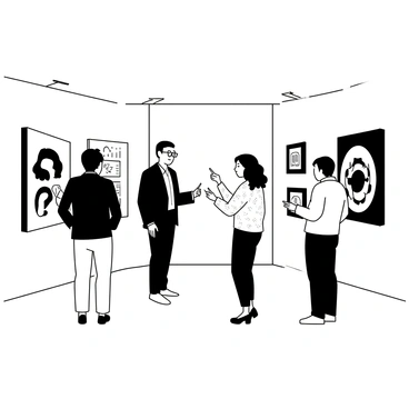 A group of diverse visitors is standing in an art exhibition space, engaged in conversation while admiring various artworks on the walls. Each visitor has a distinct appearance, with one man wearing a dark blazer and glasses, and a woman in a patterned blouse with her hair in loose curls. The walls are adorned with several large paintings featuring abstract designs and intricate patterns. Some visitors are pointing at specific pieces, while others are discussing the artwork among themselves. A polished wooden floor is beneath their feet, adding a touch of elegance to the setting.
